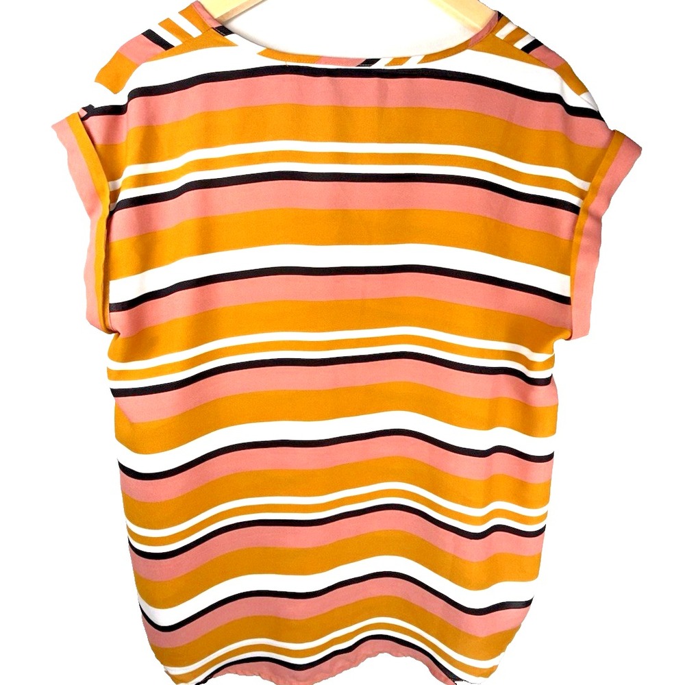 7th Avenue Design Studio Short Sleeve Neutral Stripe Blouse Peasant Womens Large - Picture 5 of 10